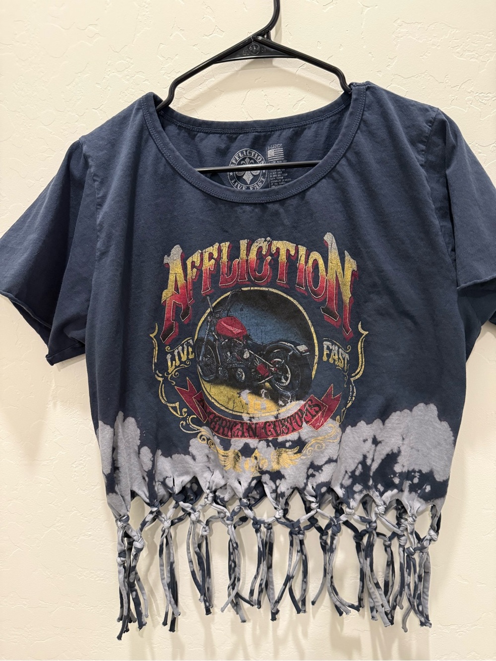 Affliction Navy Graphic Motorcycle Fringe Tee with Red Accents